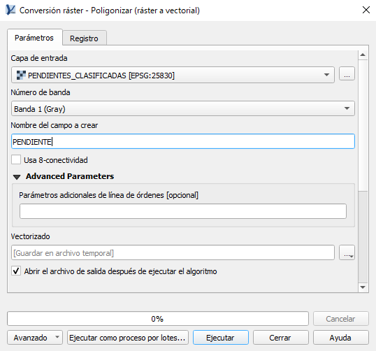 Ventana Poligonizar (ráster a vectorial) de QGIS con el campo de salida renombrado a PENDIENTE en vez de DN